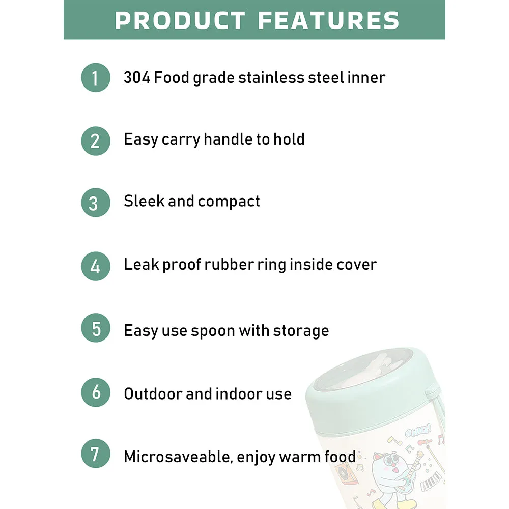 Little Surprise Box Green Rockstar theme,Stainless Steel Soup/ Salad Tiffin Box  With Insulated Vertical Tiffin Bag with detachable Spoon for Kids.
