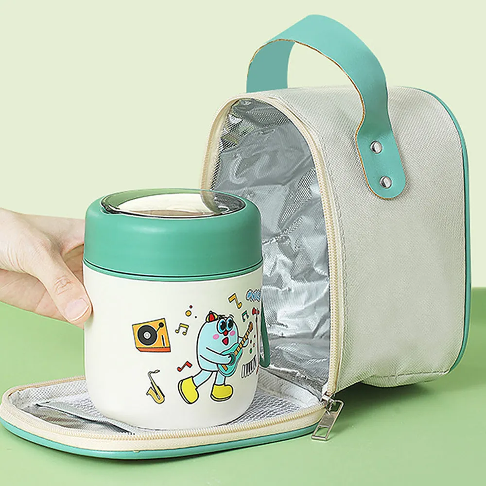 Little Surprise Box Green Rockstar theme,Stainless Steel Soup/ Salad Tiffin Box  With Insulated Vertical Tiffin Bag with detachable Spoon for Kids.