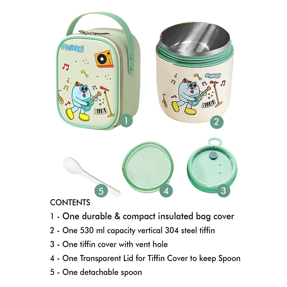Little Surprise Box Green Rockstar theme,Stainless Steel Soup/ Salad Tiffin Box  With Insulated Vertical Tiffin Bag with detachable Spoon for Kids.