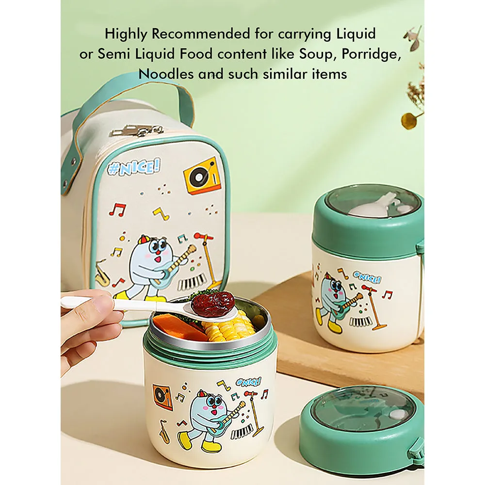 Little Surprise Box Green Rockstar theme,Stainless Steel Soup/ Salad Tiffin Box  With Insulated Vertical Tiffin Bag with detachable Spoon for Kids.